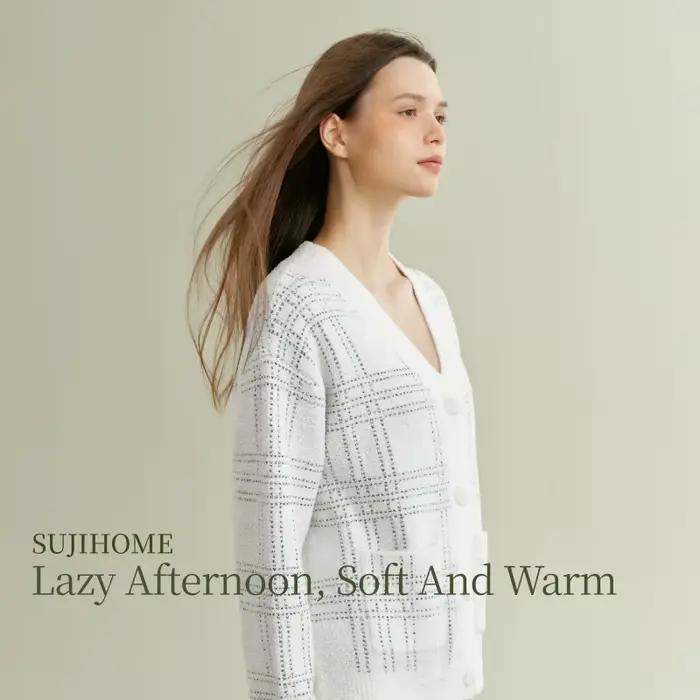 SUJIIN femmes 2 pièces tenues pyjamas ensemble automne hiver décontracté vêtements de nuit femme rayé Cardigan hauts