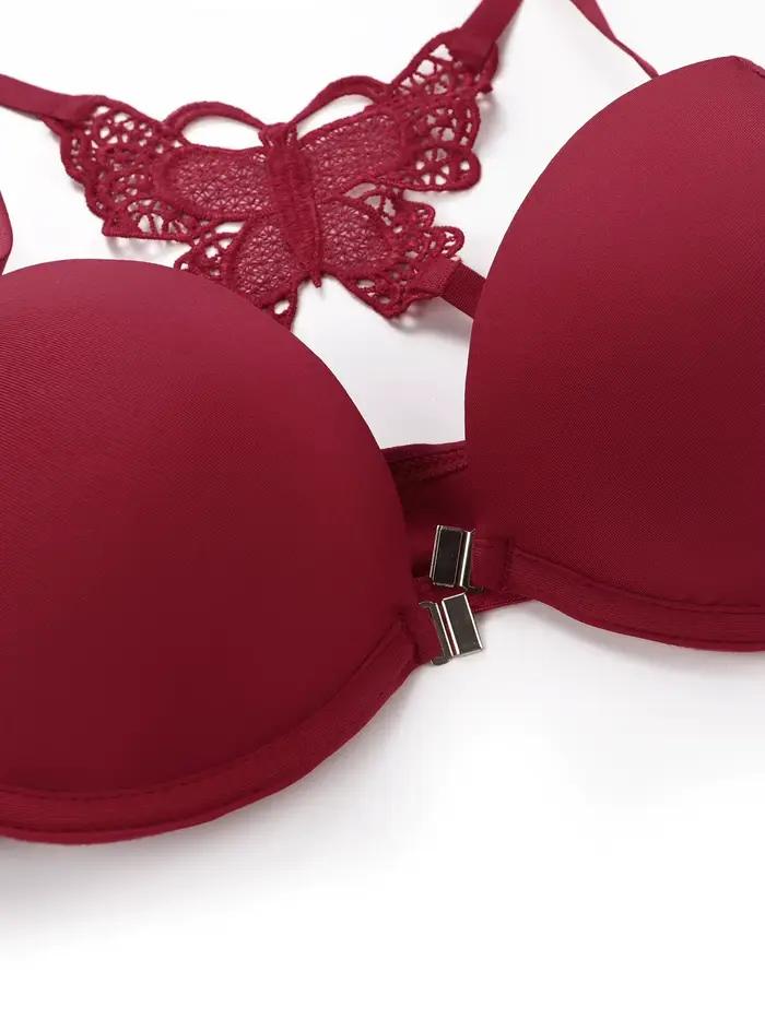 Vente chaude 2 pièces ensemble de sexy rouge avant bouton braissere beau dos papillon mode soutien-gorge push up femmes