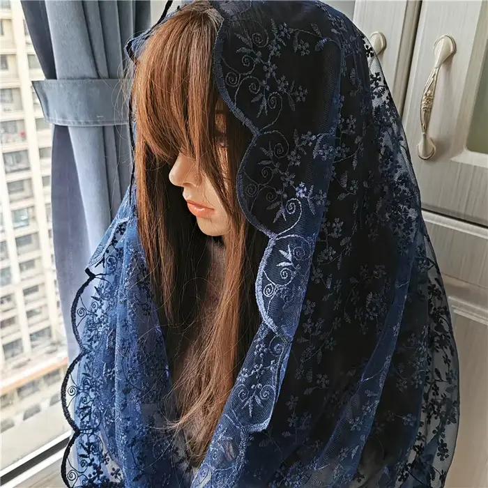 Manille à fleurs brodées bleu marine pour femmes, couvre-tête, motif Floral infini, chapelle en Tulle, cadeau catholique, Vintage, masse espagnole