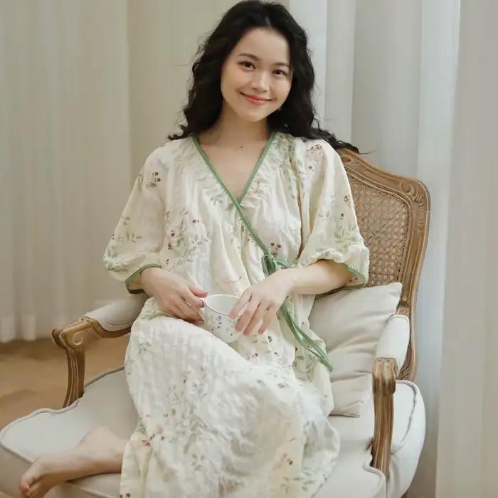 Robe de nuit kimono d'allaitement en coton froissé doux pour l'été