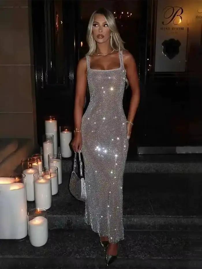 Townlike-Robe longue à bretelles spaghetti pour femmes, diamants chauds, boîte de nuit, sexy, printemps, été, 2025