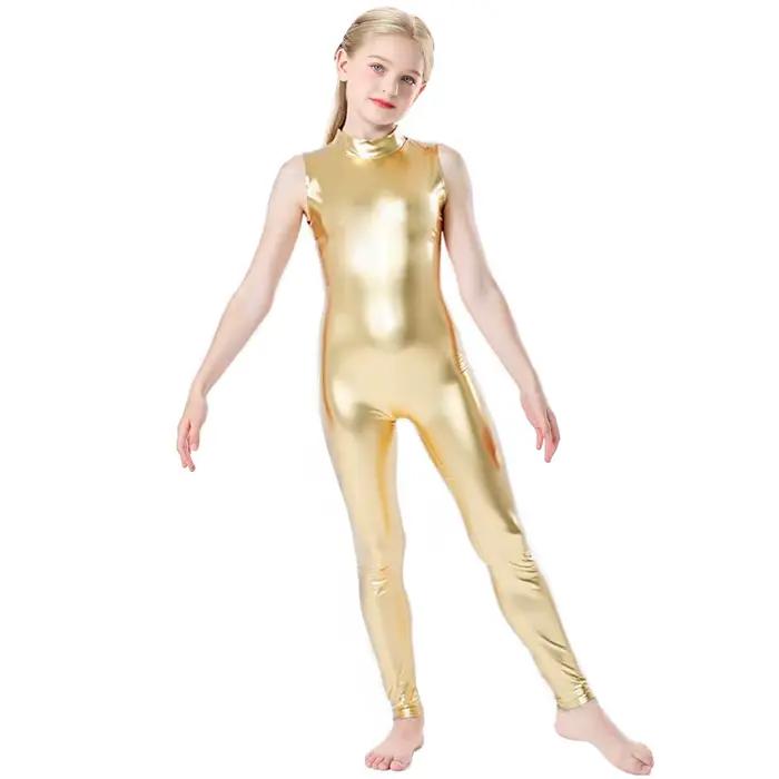 OVIGILY – combinaison de gymnastique métallique dorée pour filles, justaucorps de danse sans manches pour enfants, Costumes de spectacle sur scène, fermeture éclair au dos
