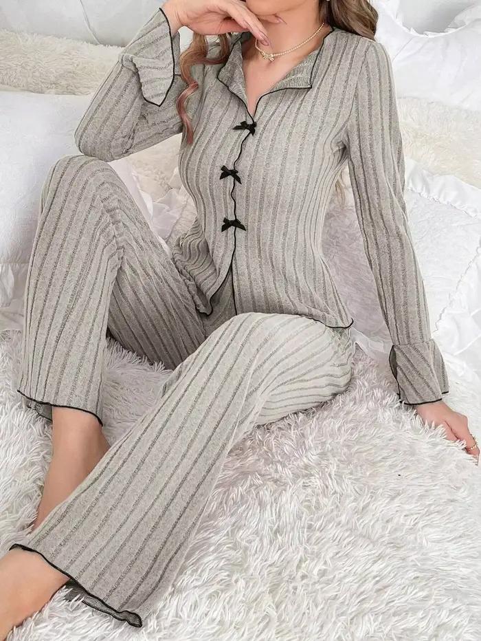 Ensemble pyjama chaud pour femme, vêtements de nuit, nœud à revers, mode, Sexy, manches longues, hauts et pantalons, costume de maison, automne et hiver