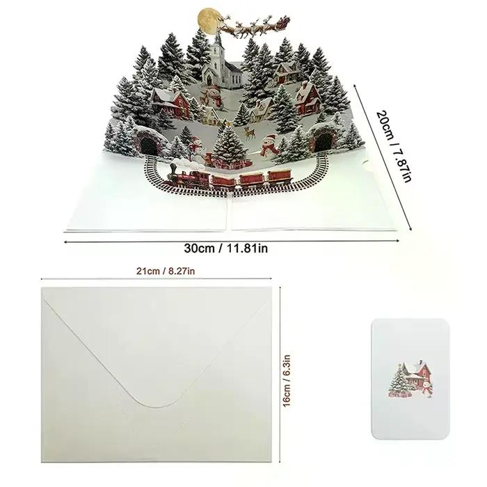 Carte de noël 3D, scène de nuit avant noël avec père noël, renne, Village enneigé et ciel clair de lune, carte de vœux de vacances Festive F
