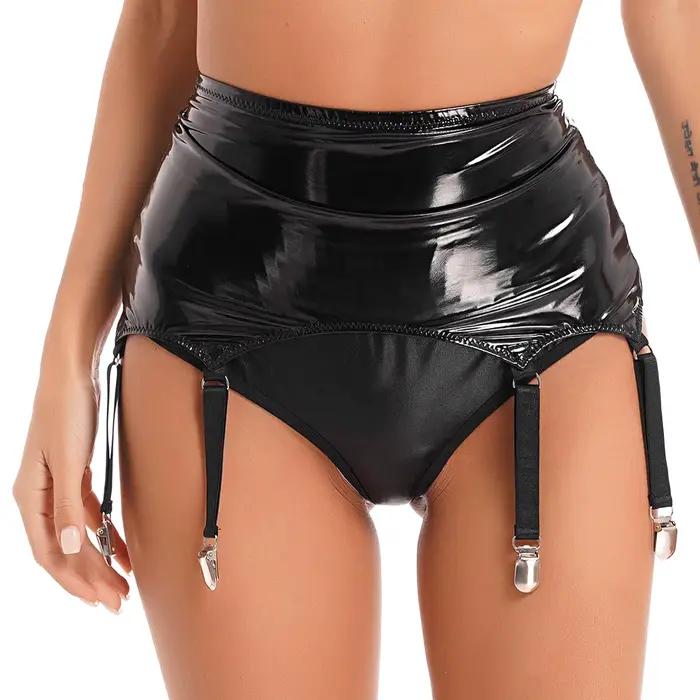 Porte-jarretelles en cuir verni pour femme avec clips en métal