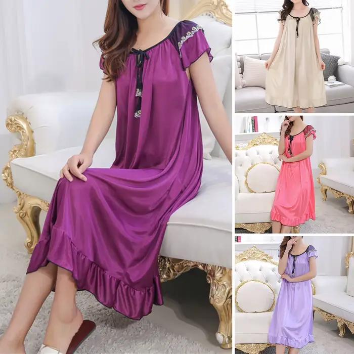Robe de nuit longue à manches courtes et col en V pour femmes