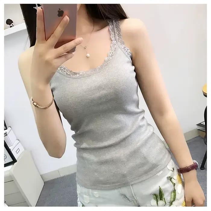 Débardeur sexy et décontracté en coton et polyester pour femmes, coupe moulante, dentelle élégante, multiple couleurs, adapté pour l'été et les sorties nocturnes