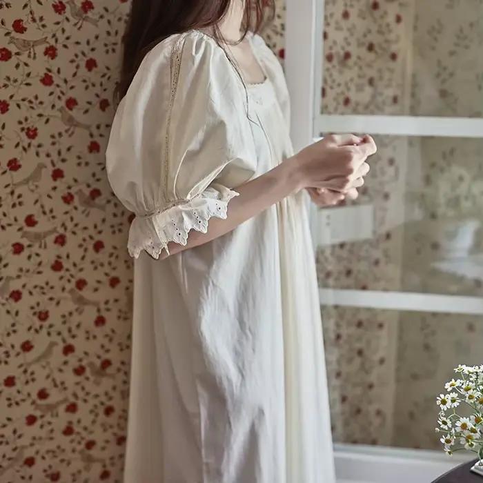 Français col en v Vintage longues chemises de nuit blanches femmes été manches courtes 100% coton chemise