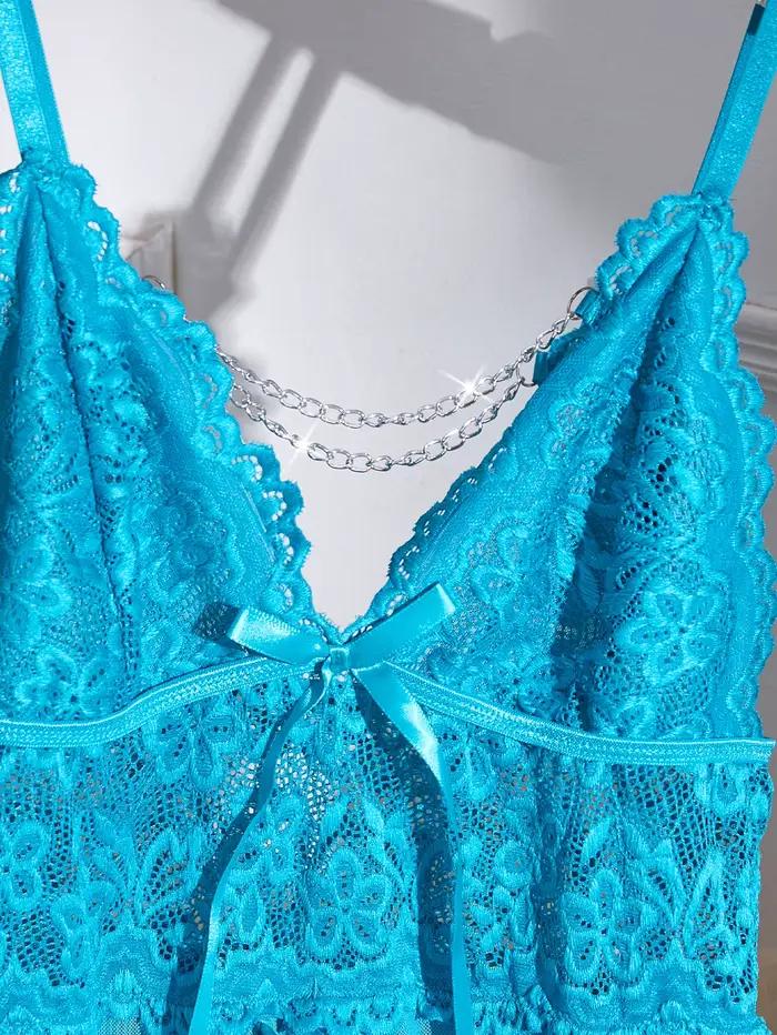 Ensemble de lingerie babydoll en dentelle bleue pour femme - Chemise à bretelles spaghetti à col en V profond avec string assorti
