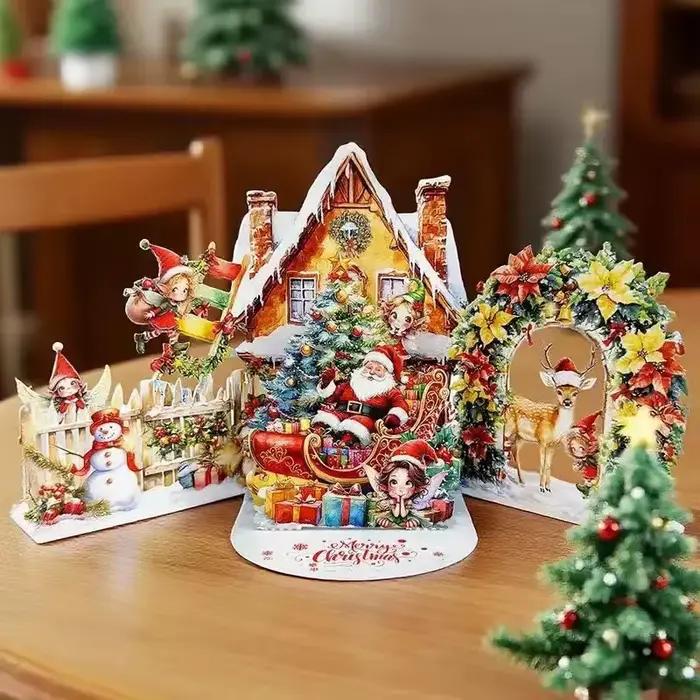 Carte de noël 3D, scène de nuit avant noël avec père noël, renne, Village enneigé et ciel clair de lune, carte de vœux de vacances Festive F
