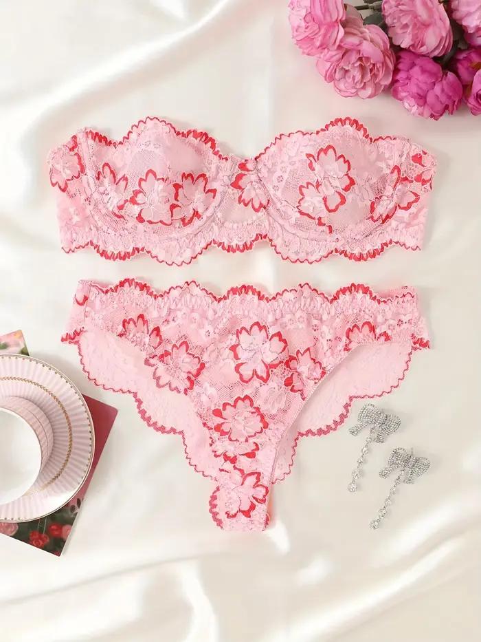 Ensemble de lingerie en dentelle florale pour femme – Soutien-gorge bandeau sexy à armatures et string festonné