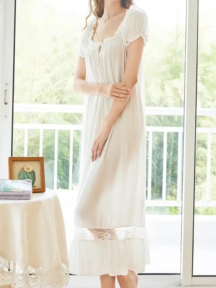 Chemise de nuit blanche à volants en coton pour femmes, vêtements de nuit dégradés, manches courtes, princesse victorienne, vintage, Lolita, adt Peignoir