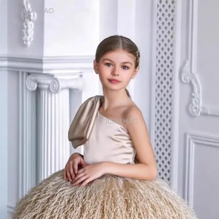 Champagne enfants filles robe de soirée élégante une épaule robe pour hôte Performance bal Pageant robes de soirée formelles pour les enfants
