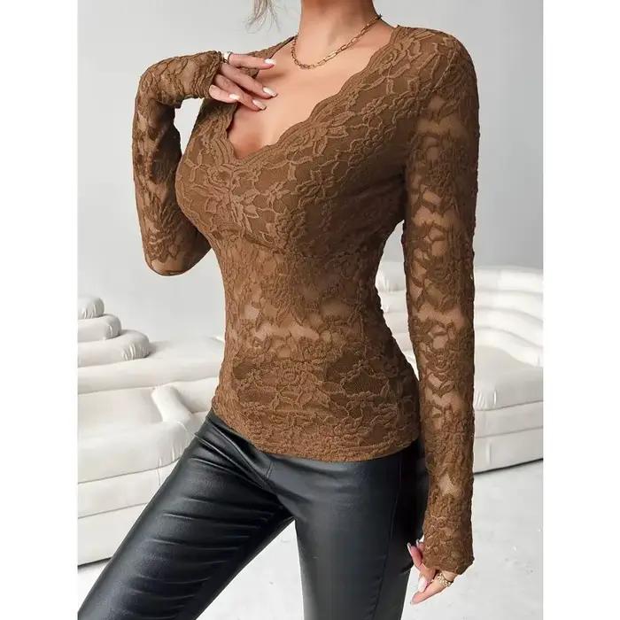 Combinaison moulante transparente en dentelle florale à col en V et manches longues pour femme, idéale pour les soirées, les clubs et le quotidien