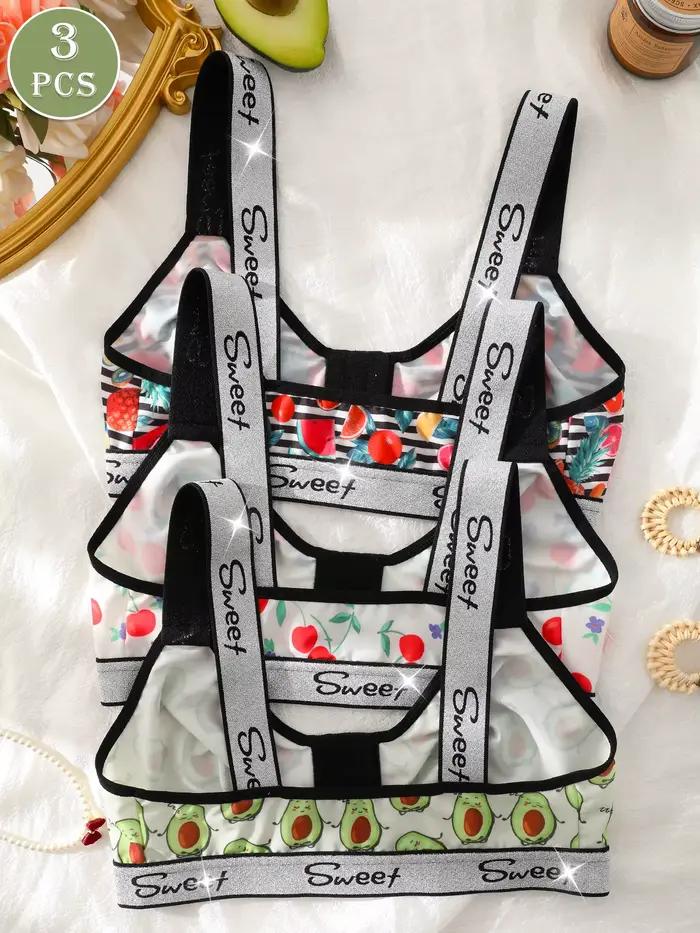 Lot de 3 soutiens-gorge sans fil pour femmes, bralette confortable à fermeture avant avec imprimé fruits mélangés et bordure brillante