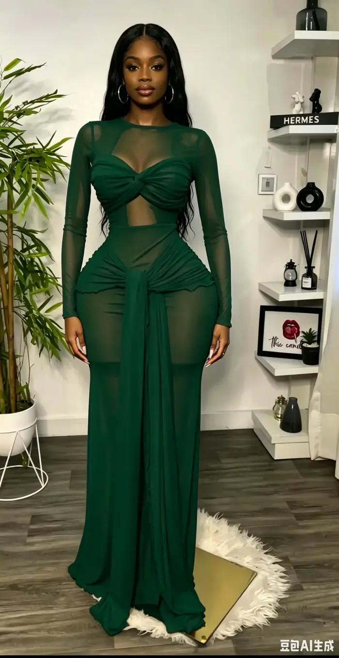 Robe de mariée élégante pour femme, en maille transparente, à manches longues, longue, avec nœud, ajustée, sexy, pour les vacances, les soirées en club, les soirées, les mariages
