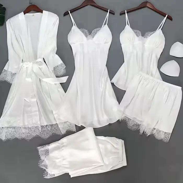 Blanc 5 pièces ensemble de sommeil Pyjamas dame dentelle Satin