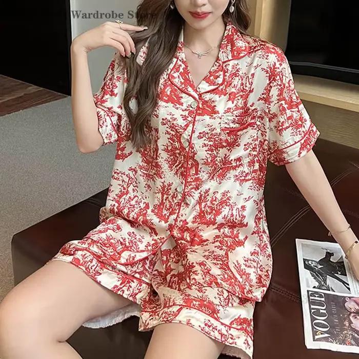 Mode imprimé fleur Pyjama Pour Femme vêtements de nuit été Shorts tenue de nuit vêtements de salon en vrac Satin Homewear Pijamas costume