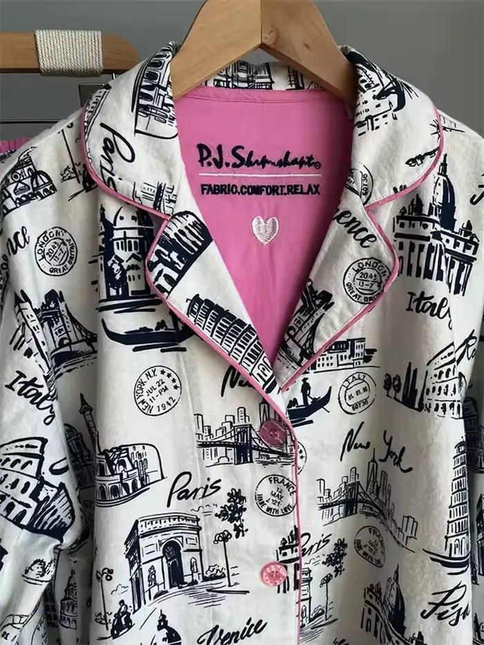 2025 nouveau pyjama costume coton 2 pièces ensemble femmes imprimer dessin animé vêtements de nuit à manches longues