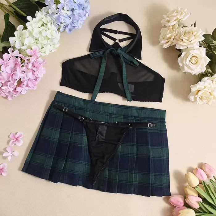 Tenues d'écolière Ensemble de lingerie sexy jupe à carreaux et soutien-gorge licou 3 pièces maille transparente