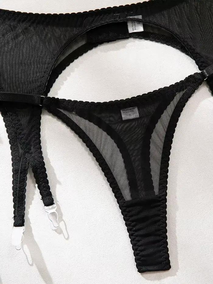 Belamimi Lingeries Sexy Sissy Voir À Travers Le Soutien-Gorge En Maille 3PC Ensemble avec Bas Sous-Vêtements Tentés Fantaisie Érotique Clubwear