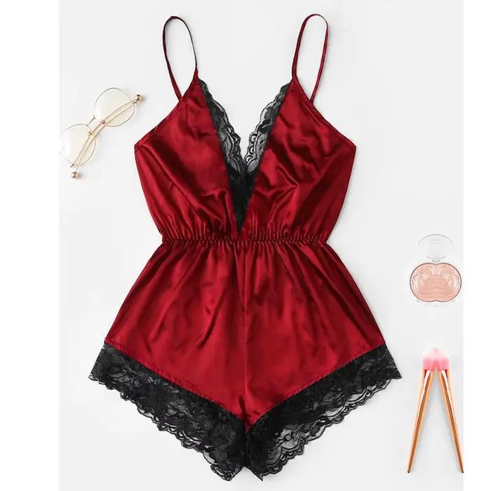 Femmes Sexy Lingerie Pijamas col en v dentelle couture body vêtements de nuit solide Onesies