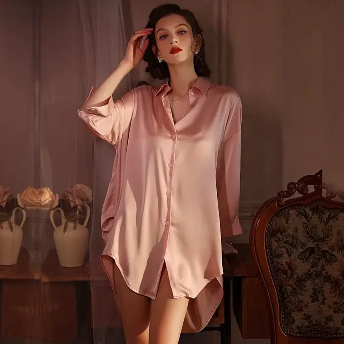 Chemise de nuit en Satin pour femmes, chemise de nuit boutonnée, chemise de nuit en soie, col cranté pour petit ami, vêtements de nuit