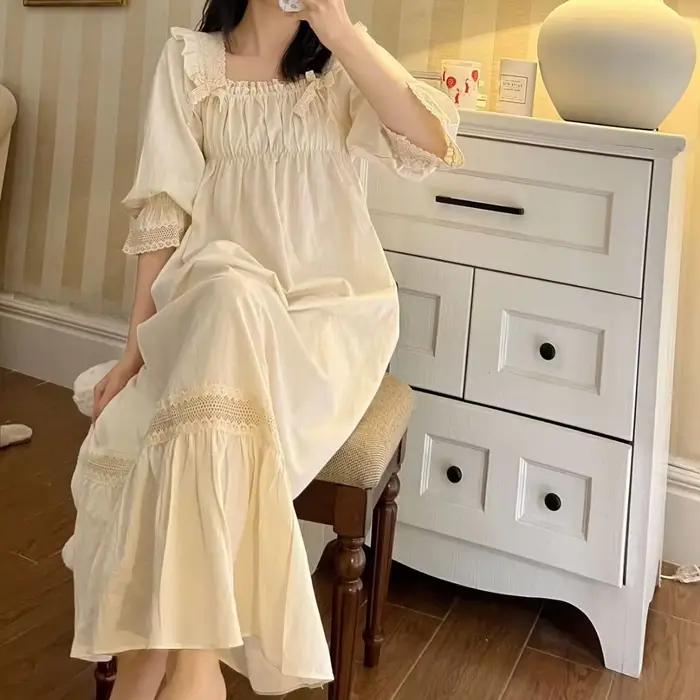Chemise de nuit brodée vintage à manches longues pour femmes