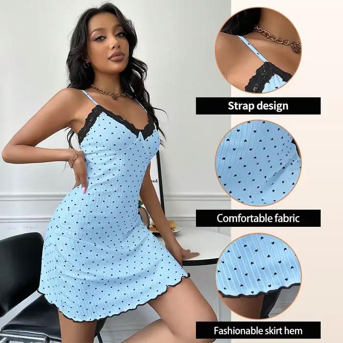Chemise de nuit sexy pour femme à motif cœur