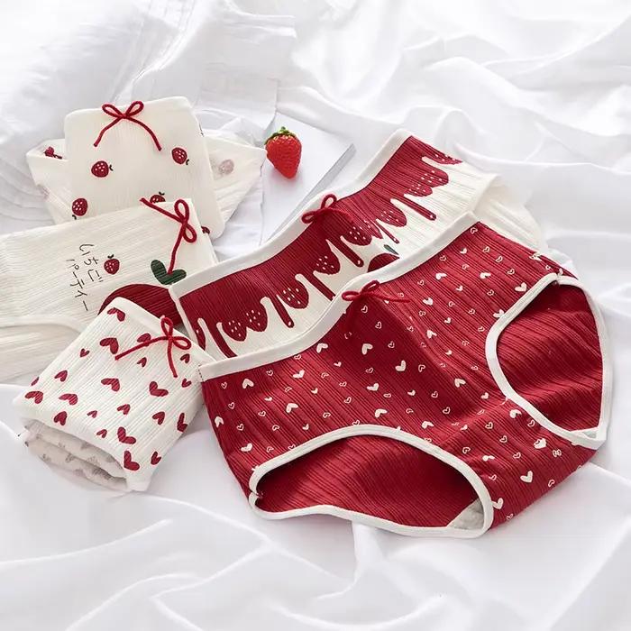 Culottes en coton pour femmes, sous-vêtements sexy, lingerie douce, culottes à lacets, imprimées fraises et cœurs