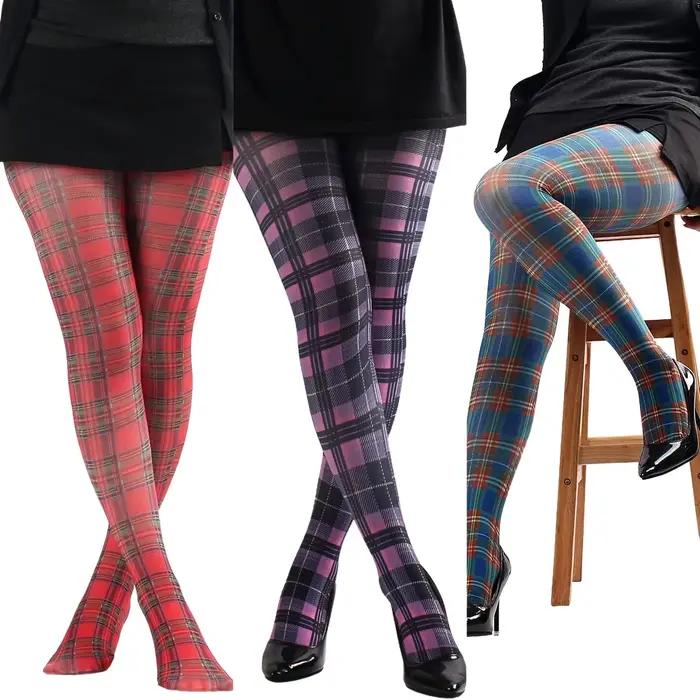 Collants classiques imprimés à carreaux pour femmes, accessoires de noël, bas en coton Tartan écossais, pantalons du nouvel an