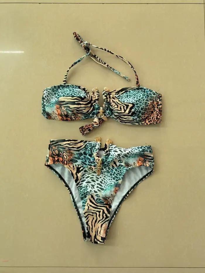 Sexy Bandeau Bikini 2026 femmes métal V fil zèbre tigre imprimé Push Up taille haute maillot de bain plage maillot de bain deux pièces maillots de bain