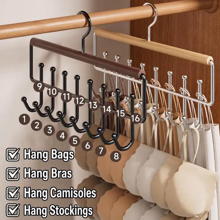 Cintre multifonctionnel en bois massif avec crochets métalliques, organisateur de penderie à double rangée pour lingerie