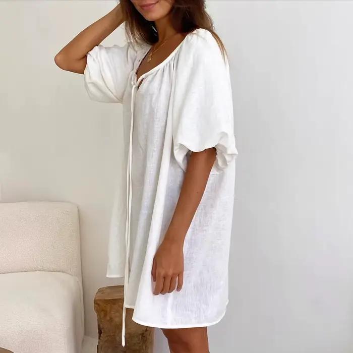 Nouvelle Robe de Nuit et de Détente en Coton Pur 2026 pour Femme, Blanche, Confortable, Respirante, Ample, à Lacets, Printemps-Été
