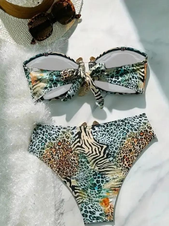 Sexy Bandeau Bikini 2026 femmes métal V fil zèbre tigre imprimé Push Up taille haute maillot de bain plage maillot de bain deux pièces maillots de bain