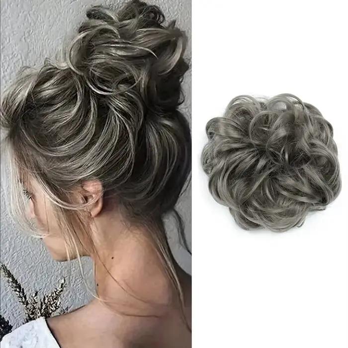 Chignon synthétique bouclé gris foncé volumineux pour coiffure de mariée, style désordonné