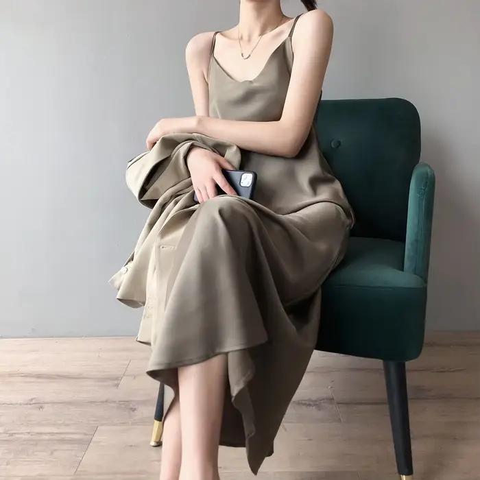 Robe longue en Satin à bretelles en soie pour femmes, printemps été 2021