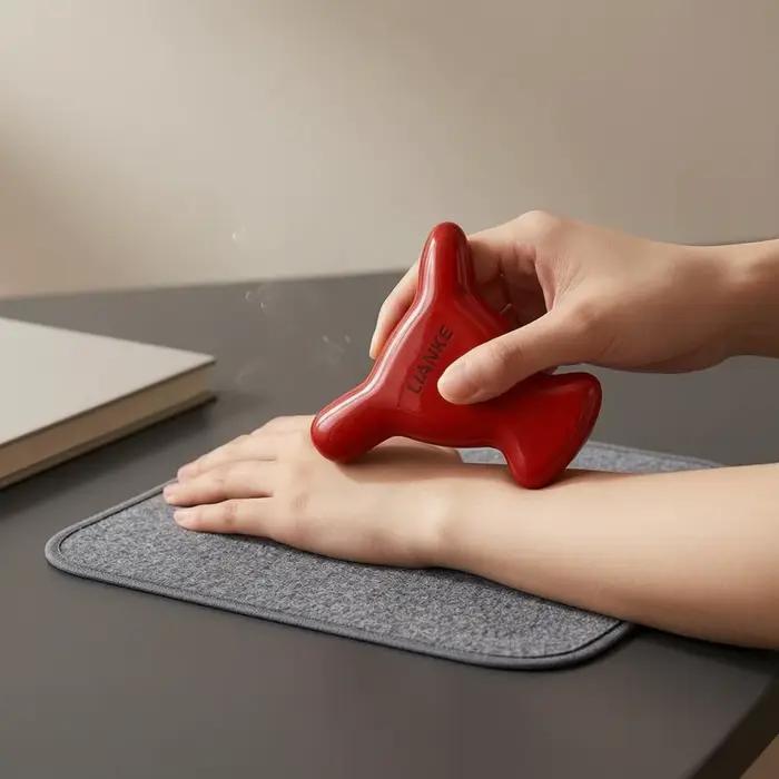 Outil de massage compact en fonte en forme de tête de taureau pour la thérapie corporelle, jaune et rouge