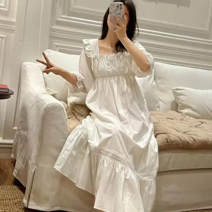 Chemise de nuit brodée vintage à manches longues pour femmes