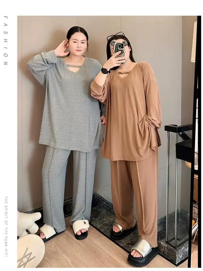 Pyjama deux pièces monochrome à manches longues et col en V pour femme