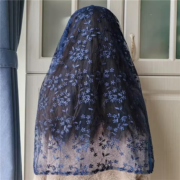 Manille à fleurs brodées bleu marine pour femmes, couvre-tête, motif Floral infini, chapelle en Tulle, cadeau catholique, Vintage, masse espagnole