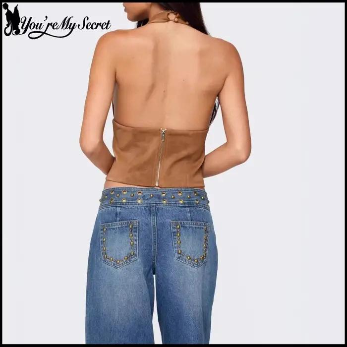 [You're My Secret] Débardeur Halter Femme Tendance Style Punk avec Rivets, Crop Top Sexy Noir, Camisole pour Soirées, Streetwear, Tenues d'Été
