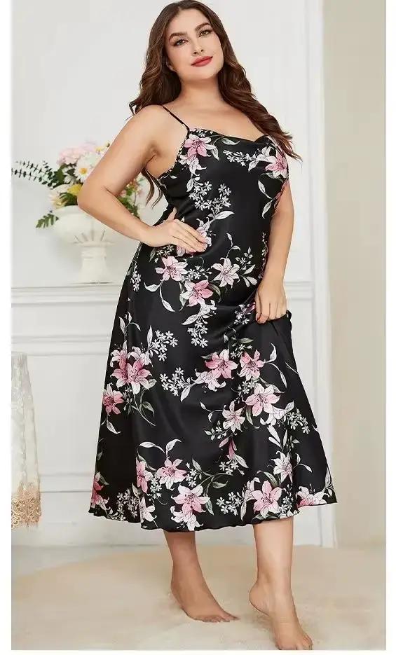 XL-5XL grande taille Sexy jarretelle chemise de nuit vêtements de nuit Lingerie été femmes chemise de nuit ample soyeux Satin robe de chambre vêtements de détente