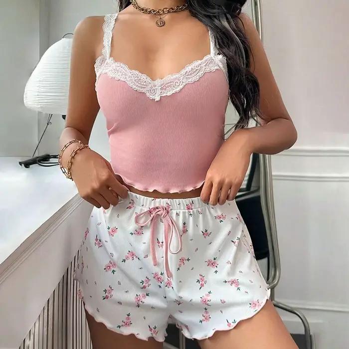 Femmes pyjama ensemble dentelle Patchwork col en v vêtements de nuit Sexy nuisettes costume Camisole haut imprimé
