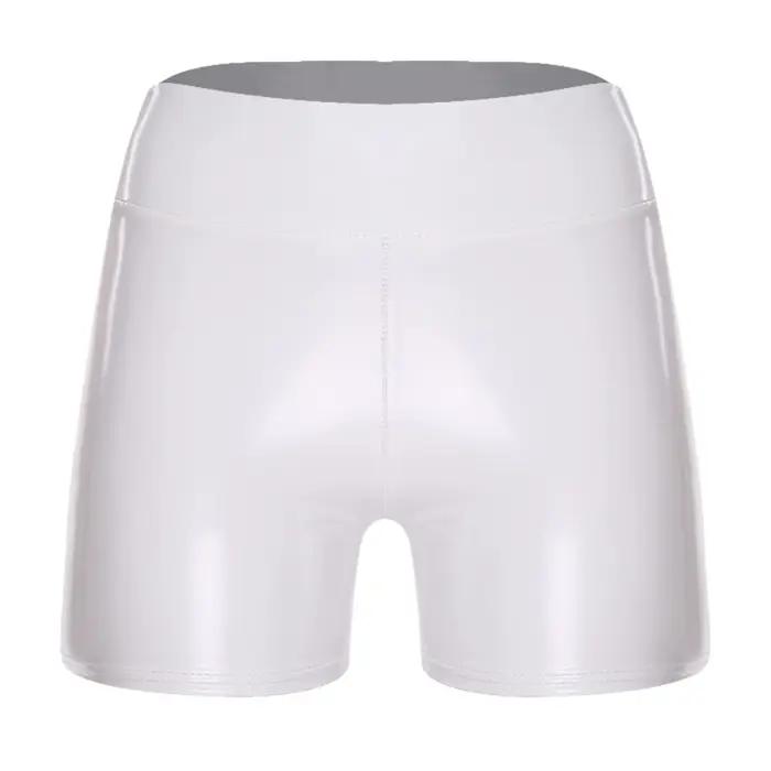 Shorts en similicuir PU taille haute effet mouillé pour femme