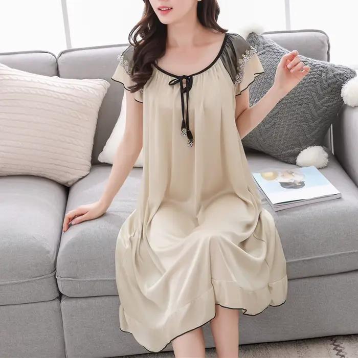 Robe de nuit longue à manches courtes et col en V pour femmes