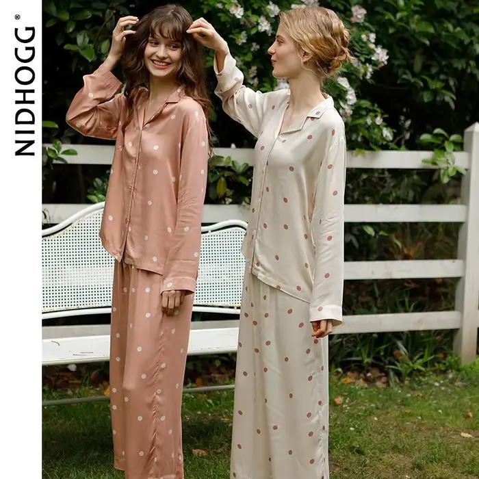 Femmes à pois pyjama ensemble soyeux Viscose vêtements de nuit à manches longues vêtements de détente élégant boutonné PJs 2 pièces Homewear costume classique