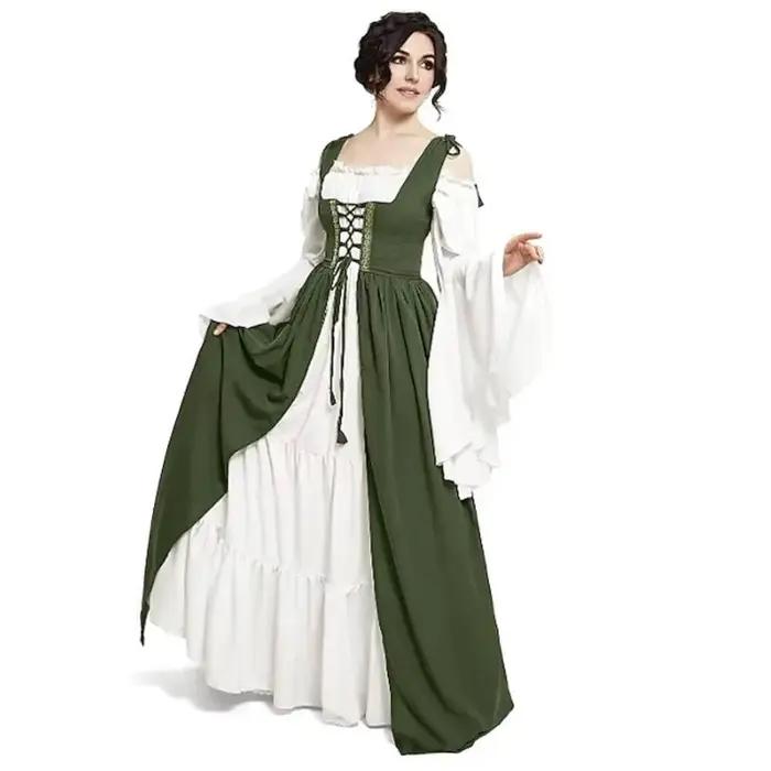 Robe corset de style cour médiévale à manches longues avec manches chauve-souris épaules dénudées et jupe longue évasée pour femme