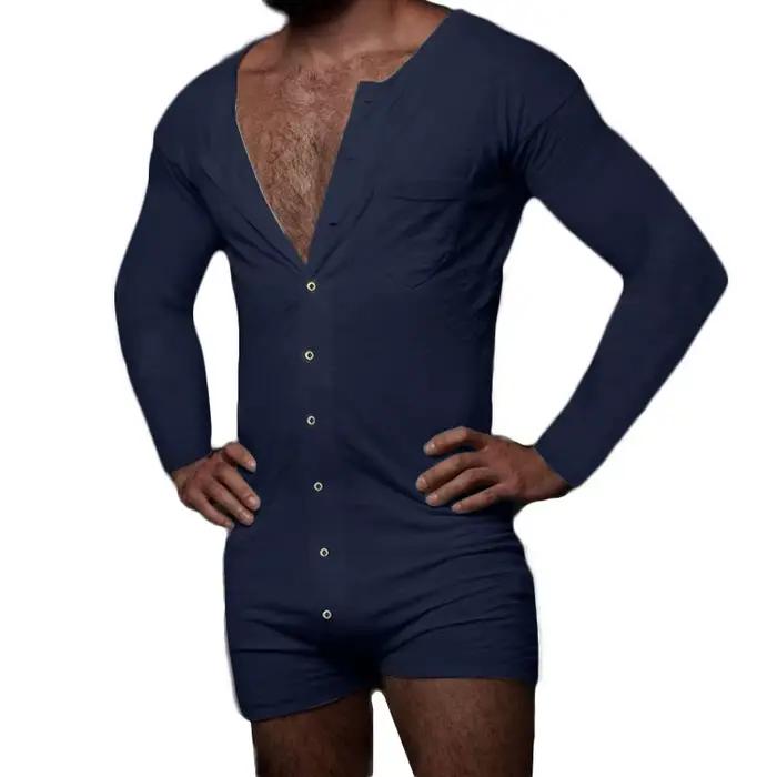 Pyjama sexy pour homme, combinaison, couleur unie, col rond, manches longues, t-shirt et short, nouveau, une pièce, boutonné, vêtements de maison