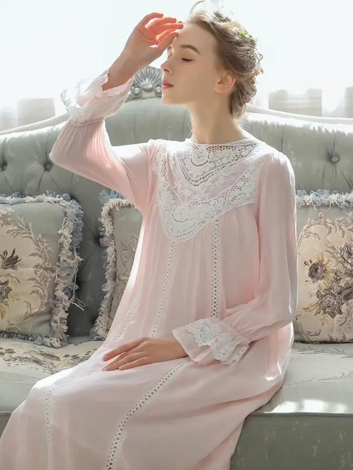 Femmes pur coton volants col en v Vintage chemise de nuit Robe longue